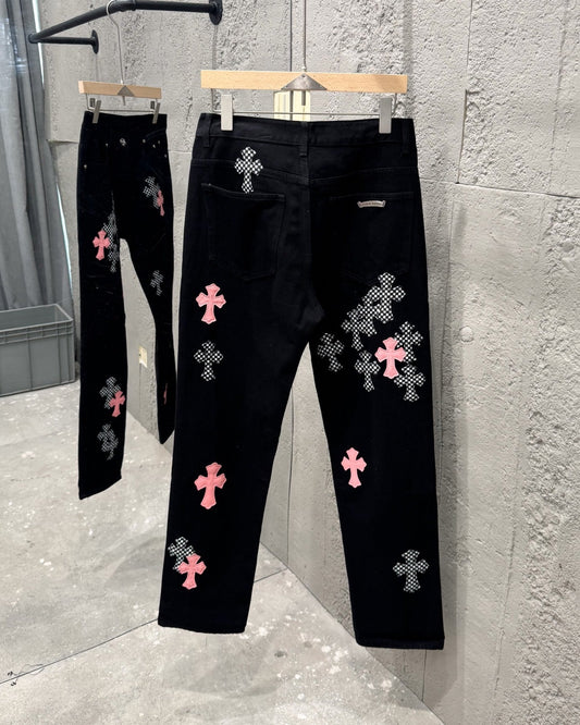 Chrome Hearts Limited Flame Pink Cross Patchwork Denim Jeans KH34