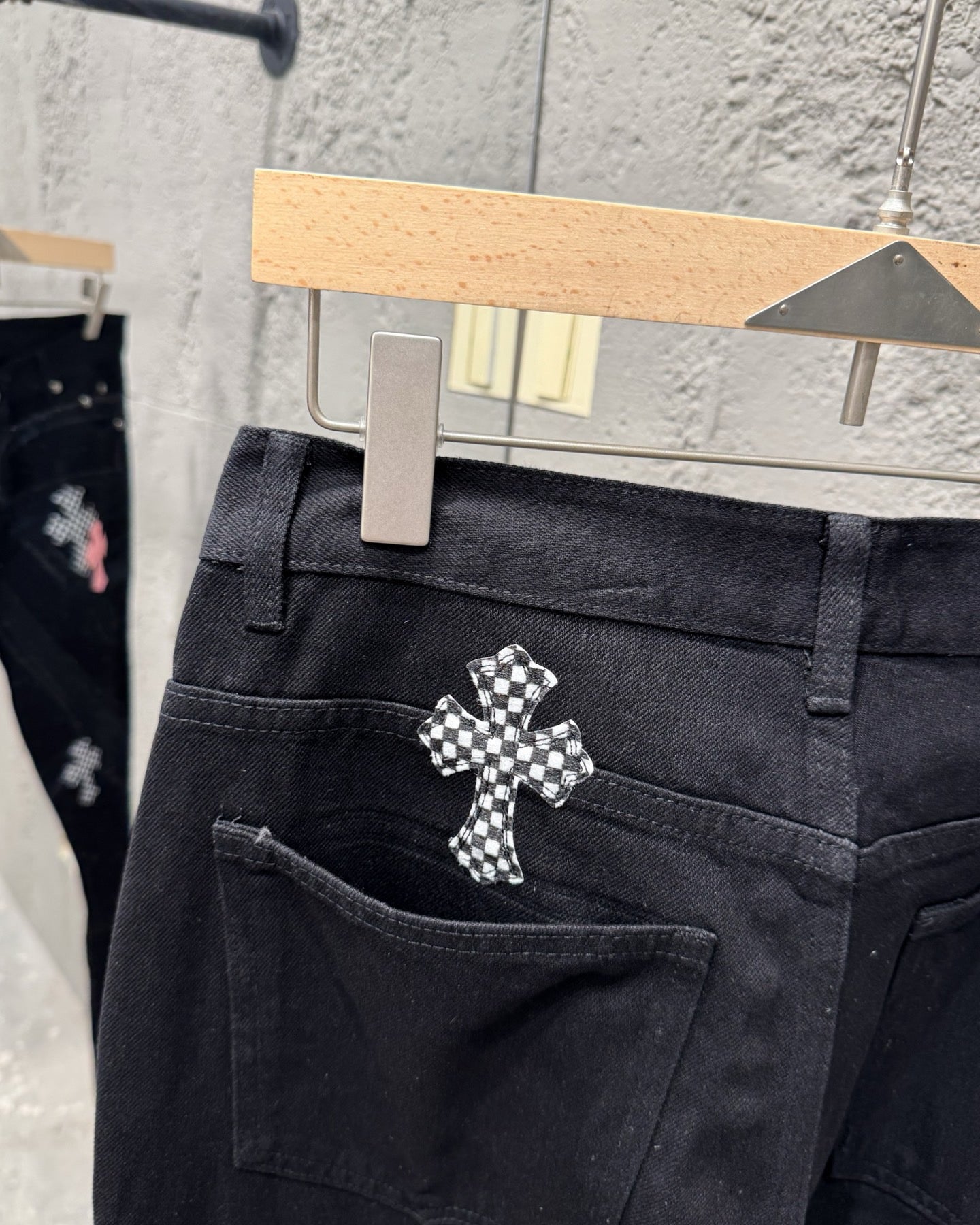 Chrome Hearts Limited Flame Pink Cross Patchwork Denim Jeans KH34