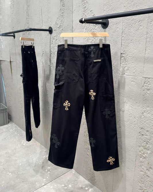 Chrome Hearts Leopard Print Patchwork Black Leather Denim Jeans KB29