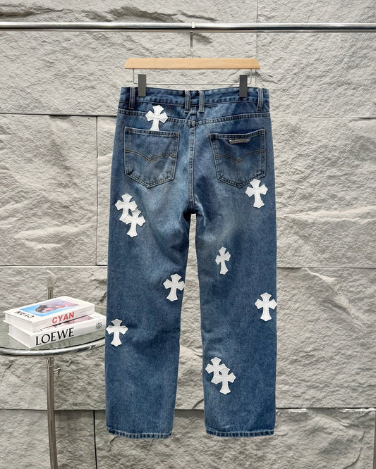 Chrome Hearts White Leather Patchwork Denim Jeans KB26