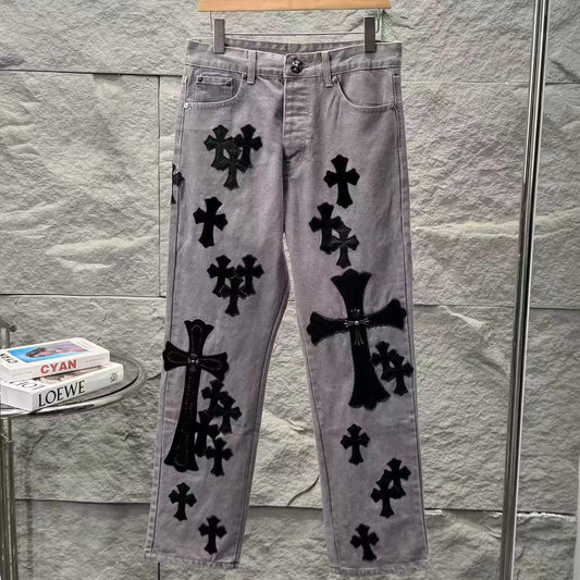 Chrome Hearts Paris Limited Edition Grey Heavy Leather Patch Denim Jeans KH25