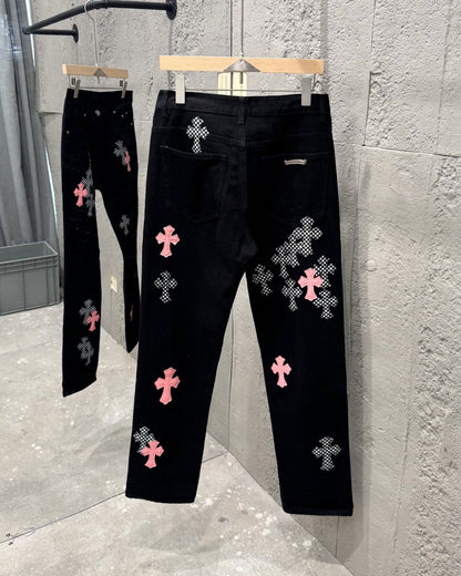 Chrome Hearts Limited Flame Pink Cross Patchwork Denim Jeans KH34
