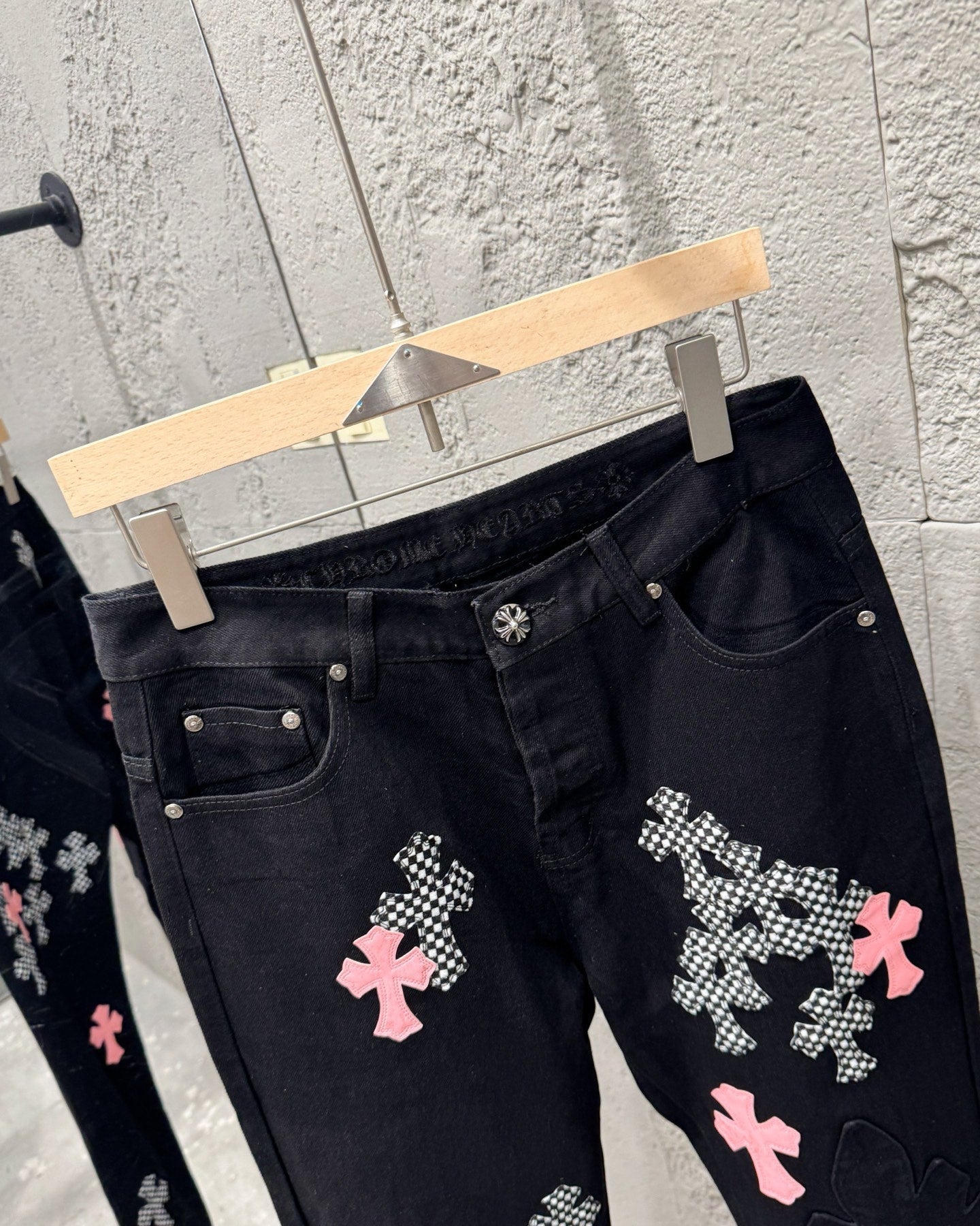 Chrome Hearts Limited Flame Pink Cross Patchwork Denim Jeans KH34
