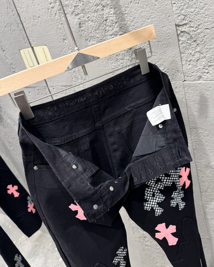 Chrome Hearts Limited Flame Pink Cross Patchwork Denim Jeans KH34