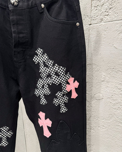 Chrome Hearts Limited Flame Pink Cross Patchwork Denim Jeans KH34