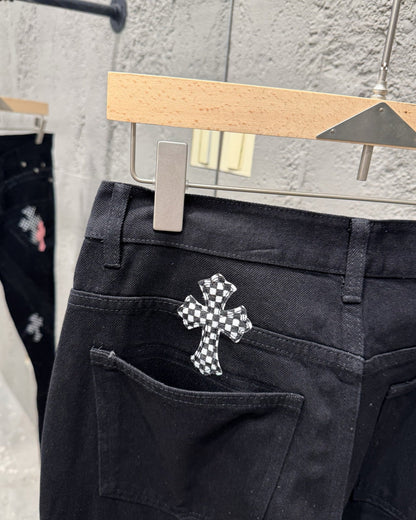 Chrome Hearts Limited Flame Pink Cross Patchwork Denim Jeans KH34