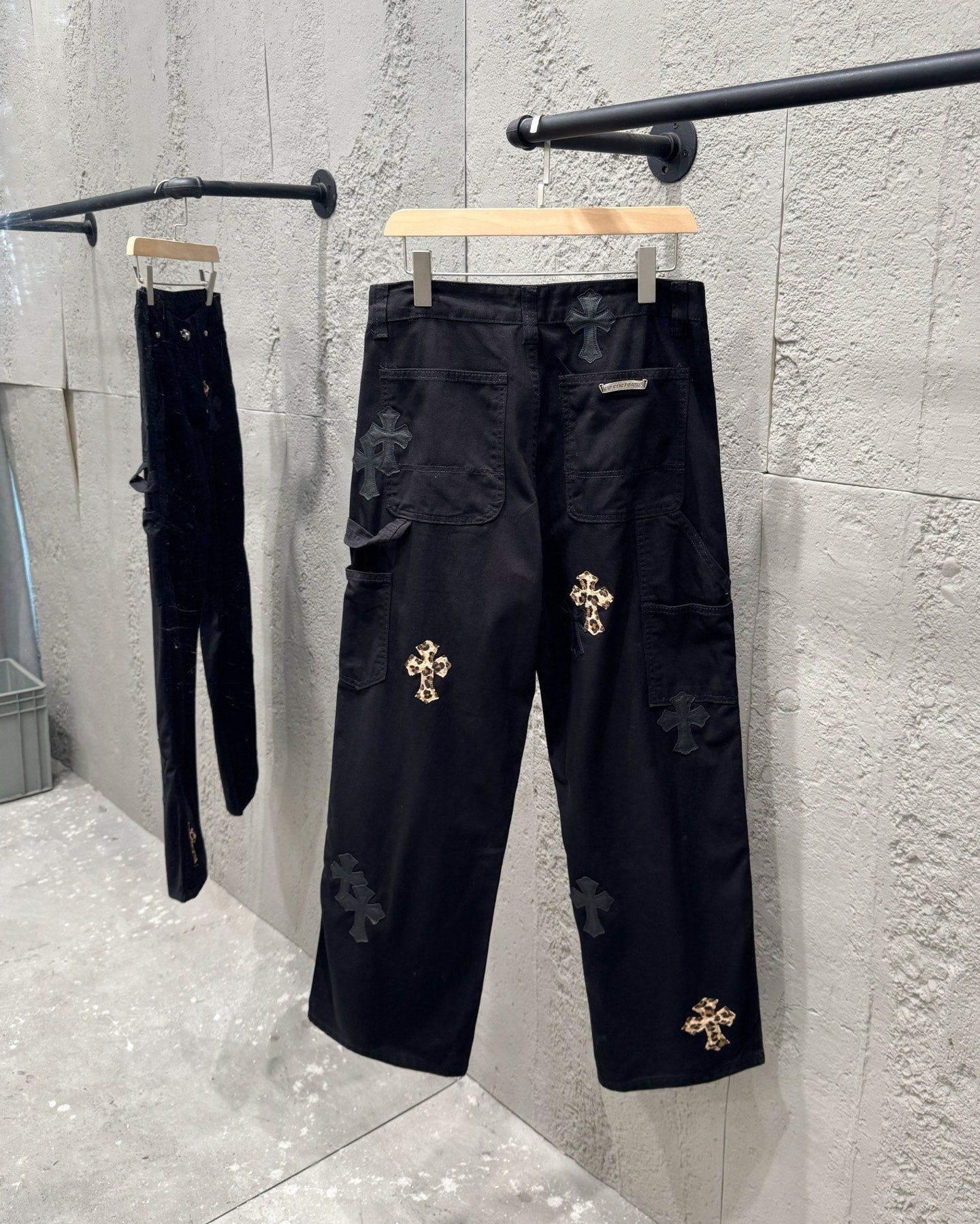 Chrome Hearts Leopard Print Patchwork Black Leather Denim Jeans KB29