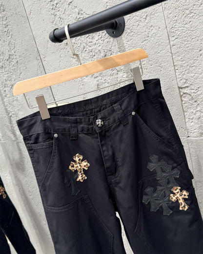 Chrome Hearts Leopard Print Patchwork Black Leather Denim Jeans KB29