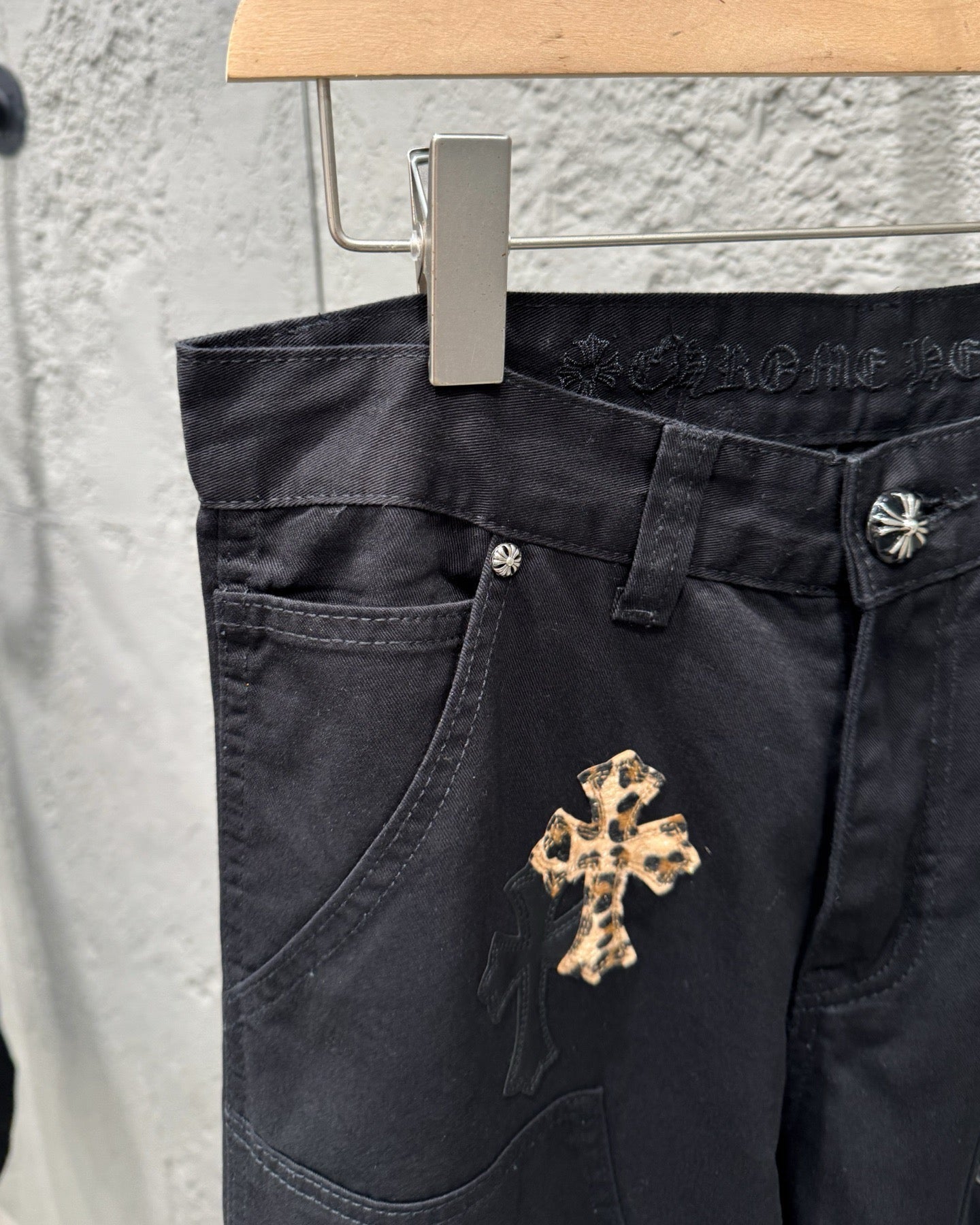 Chrome Hearts Leopard Print Patchwork Black Leather Denim Jeans KB29
