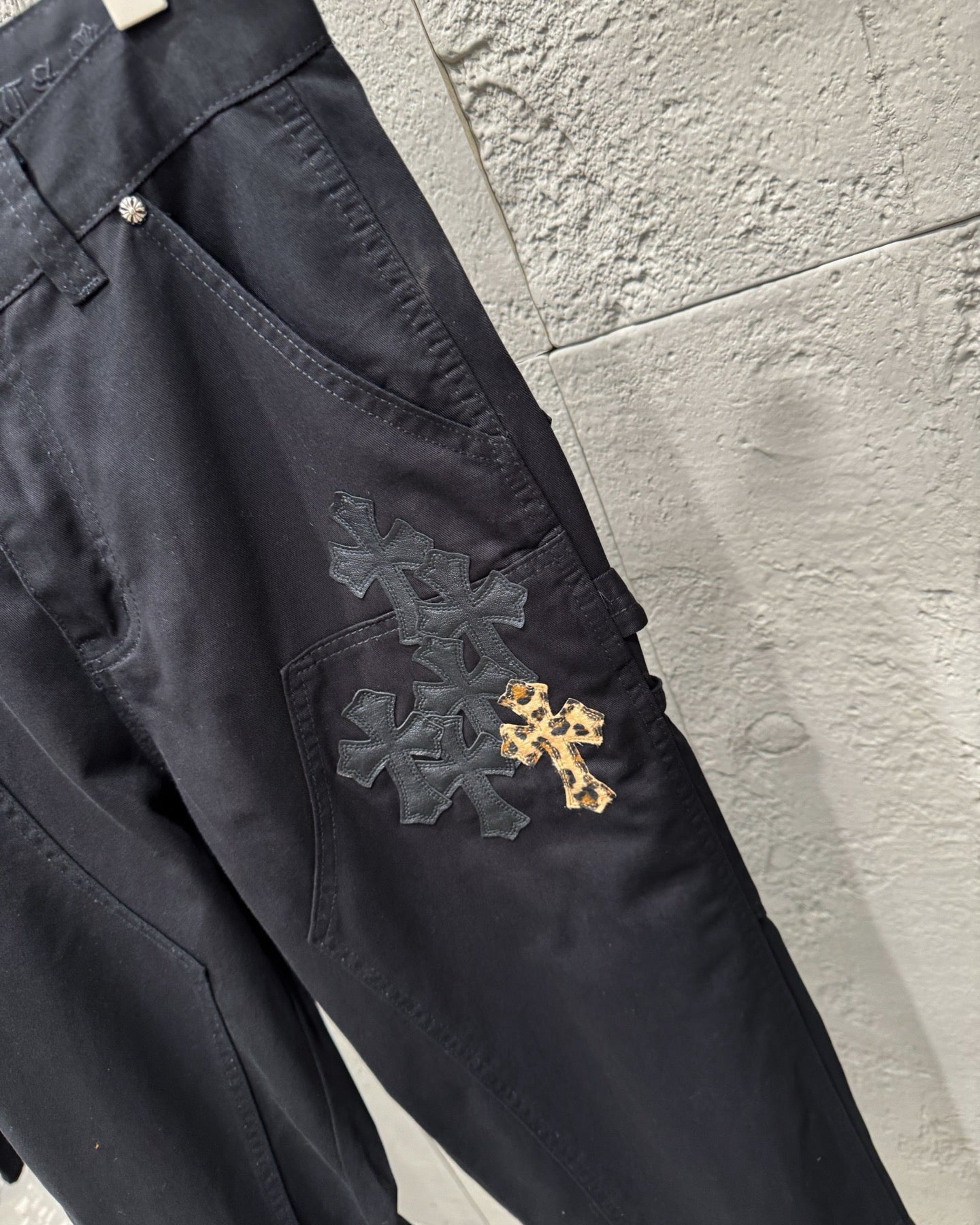 Chrome Hearts Leopard Print Patchwork Black Leather Denim Jeans KB29