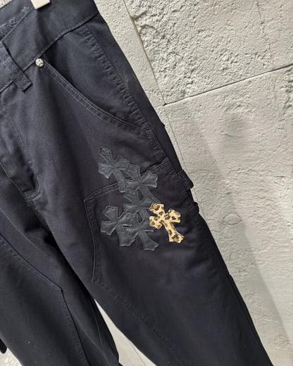 Chrome Hearts Leopard Print Patchwork Black Leather Denim Jeans KB29