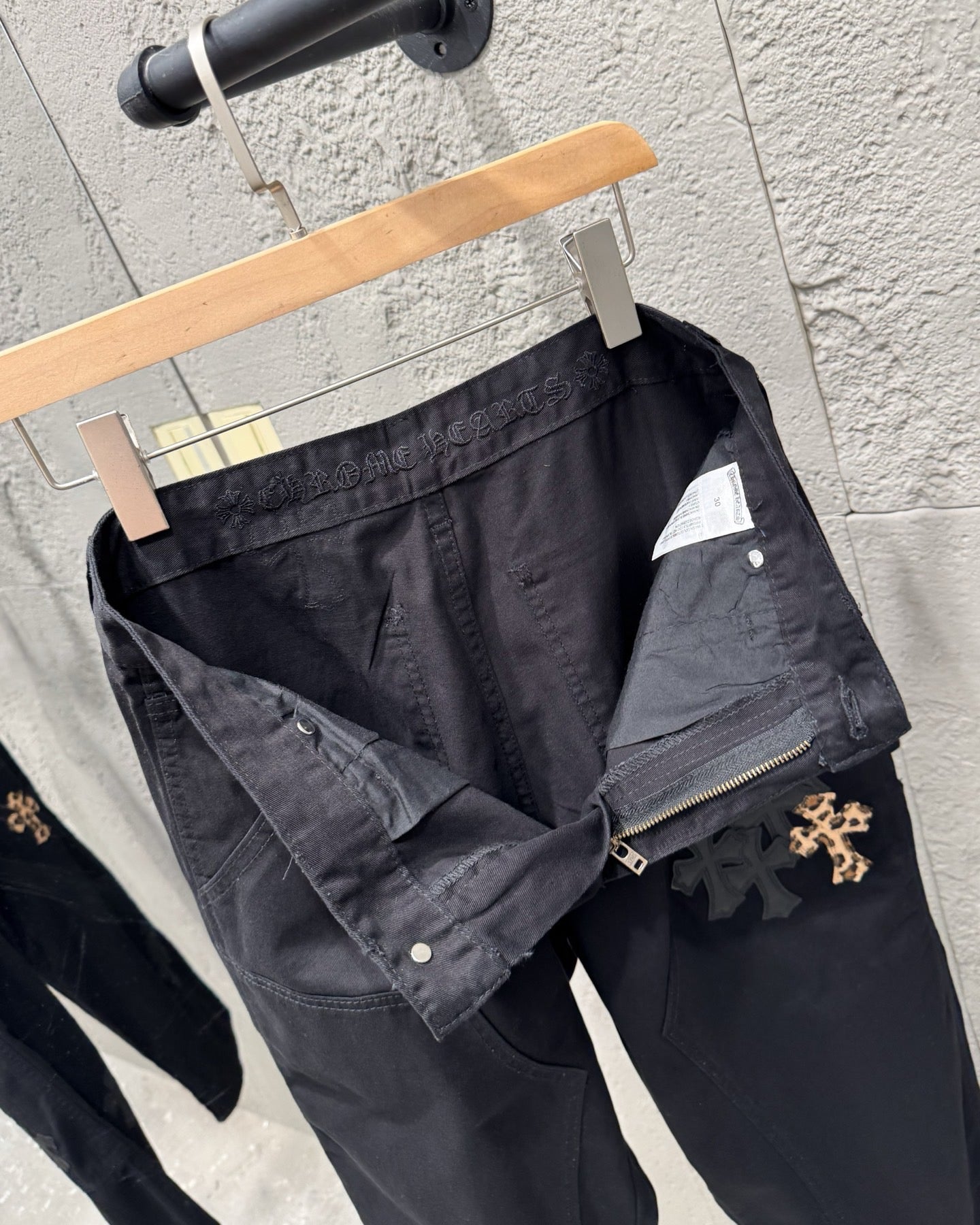 Chrome Hearts Leopard Print Patchwork Black Leather Denim Jeans KB29