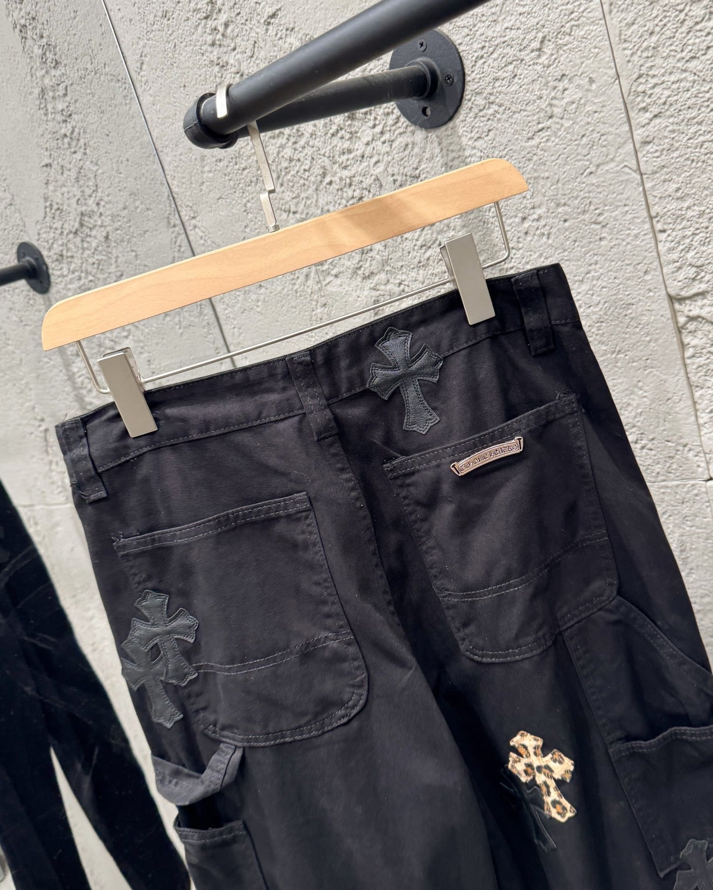 Chrome Hearts Leopard Print Patchwork Black Leather Denim Jeans KB29