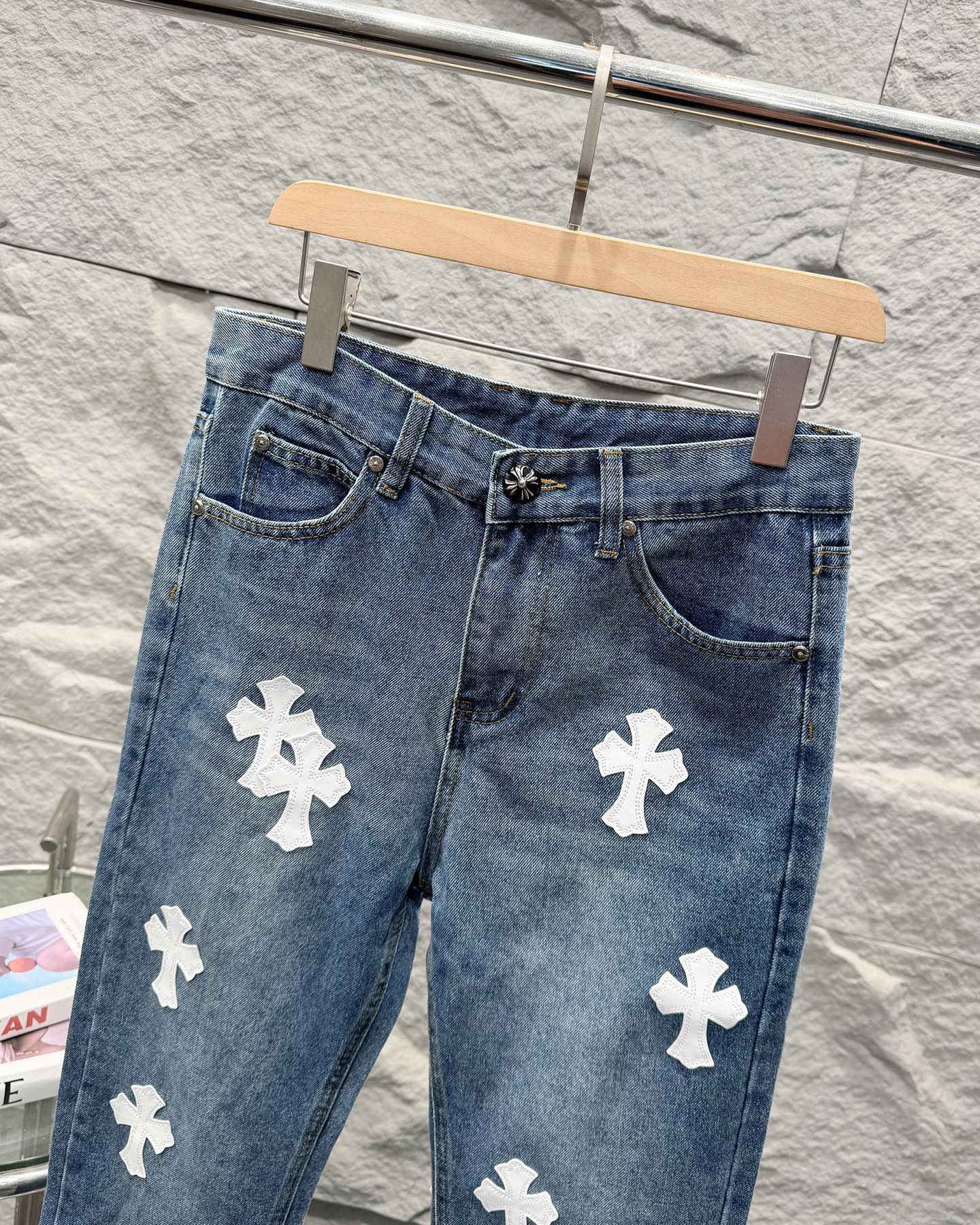 Chrome Hearts White Leather Patchwork Denim Jeans KB26