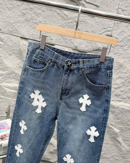 Chrome Hearts White Leather Patchwork Denim Jeans KB26