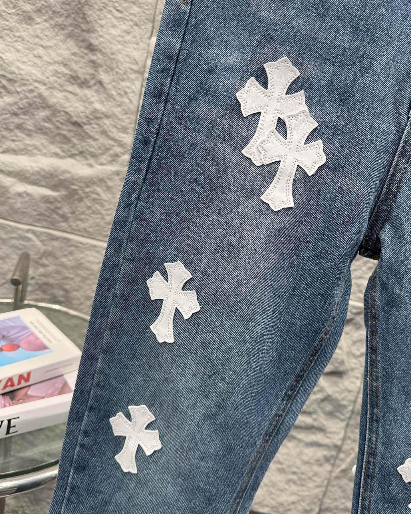 Chrome Hearts White Leather Patchwork Denim Jeans KB26