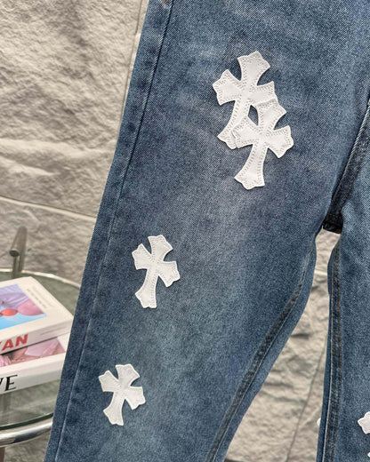 Chrome Hearts White Leather Patchwork Denim Jeans KB26