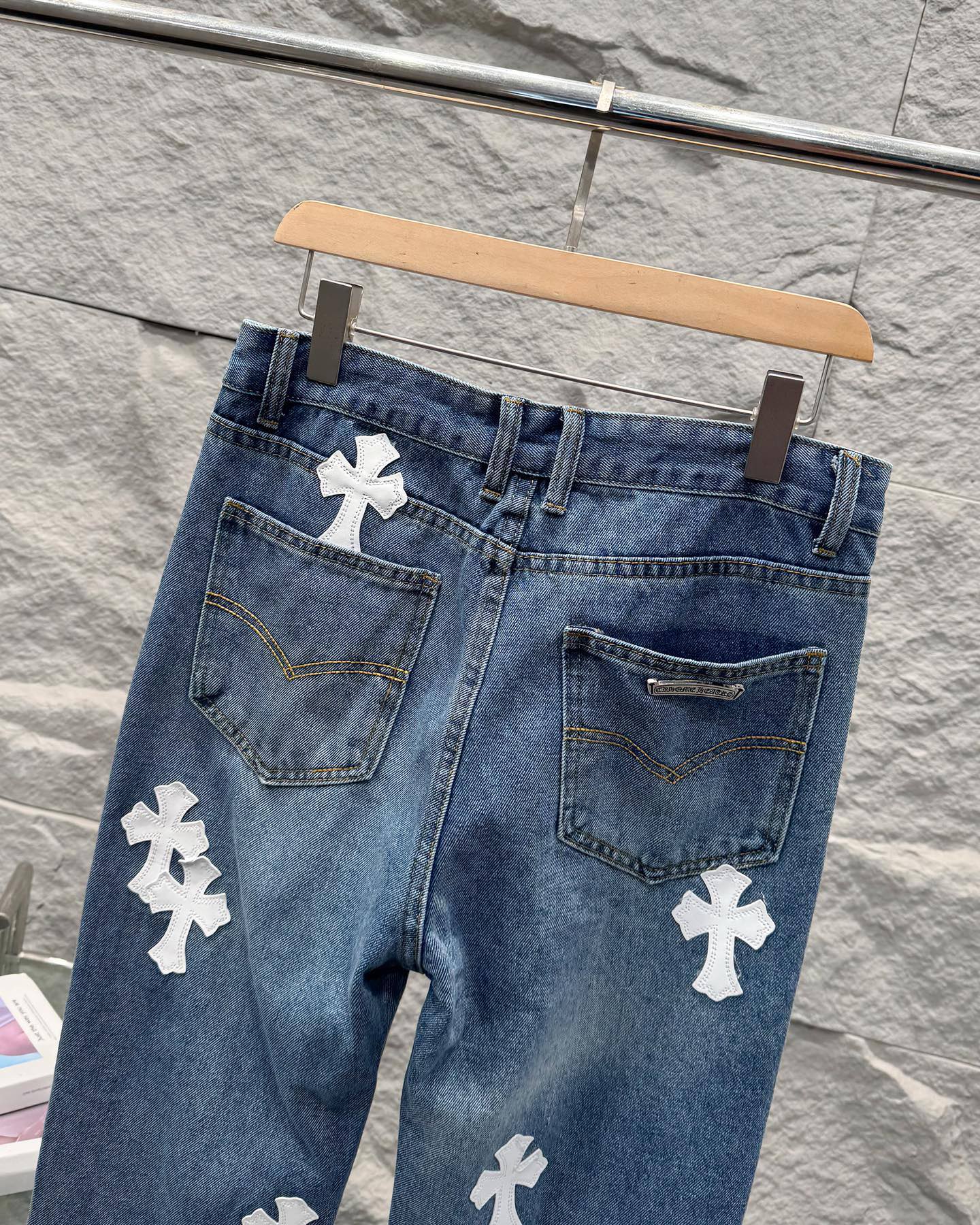 Chrome Hearts White Leather Patchwork Denim Jeans KB26
