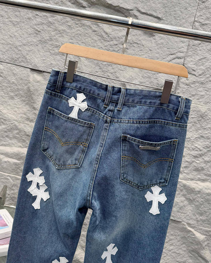 Chrome Hearts White Leather Patchwork Denim Jeans KB26