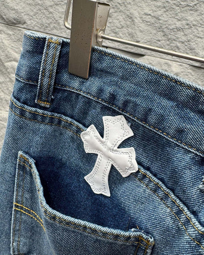 Chrome Hearts White Leather Patchwork Denim Jeans KB26