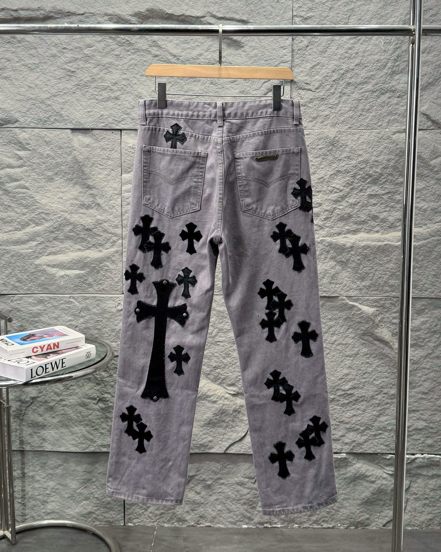 Chrome Hearts Paris Limited Edition Grey Heavy Leather Patch Denim Jeans KH25