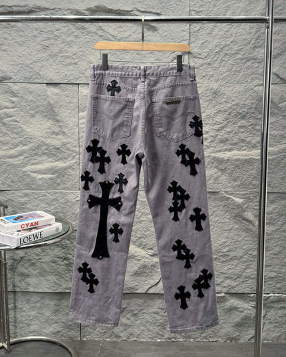 Chrome Hearts Paris Limited Edition Grey Heavy Leather Patch Denim Jeans KH25