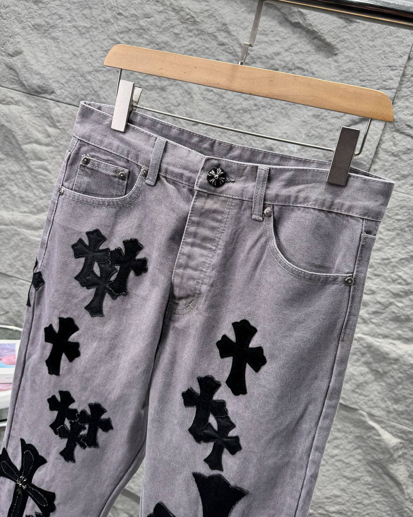 Chrome Hearts Paris Limited Edition Grey Heavy Leather Patch Denim Jeans KH25
