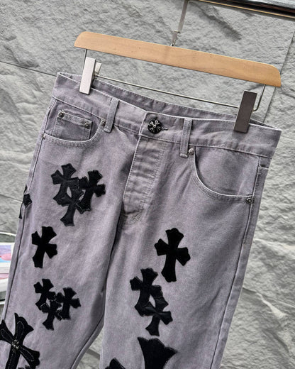 Chrome Hearts Paris Limited Edition Grey Heavy Leather Patch Denim Jeans KH25