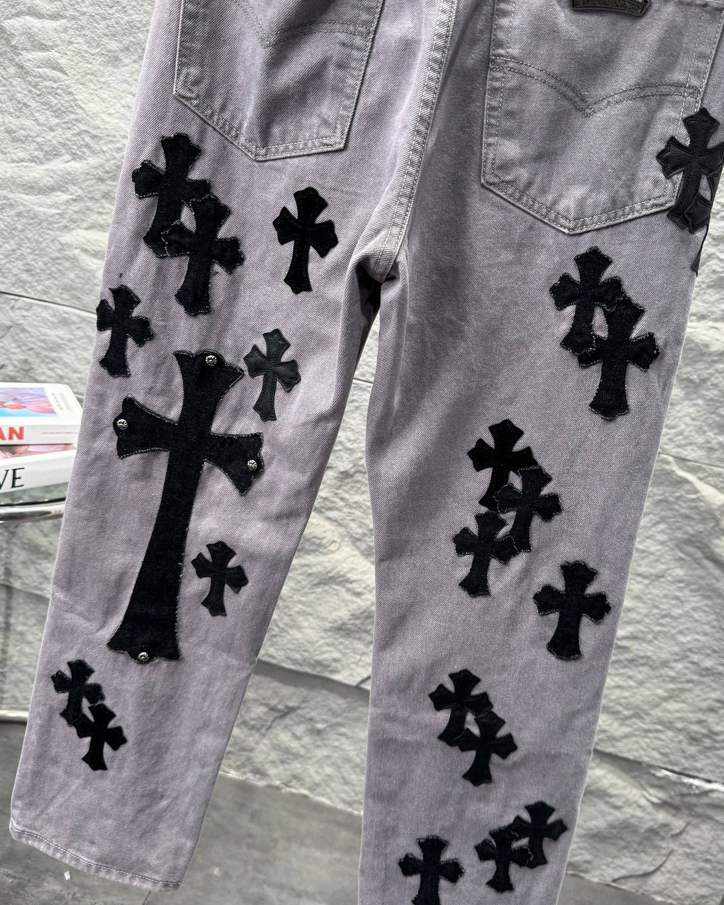 Chrome Hearts Paris Limited Edition Grey Heavy Leather Patch Denim Jeans KH25