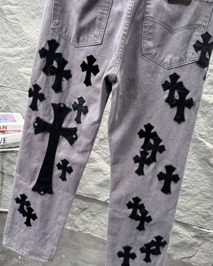Chrome Hearts Paris Limited Edition Grey Heavy Leather Patch Denim Jeans KH25