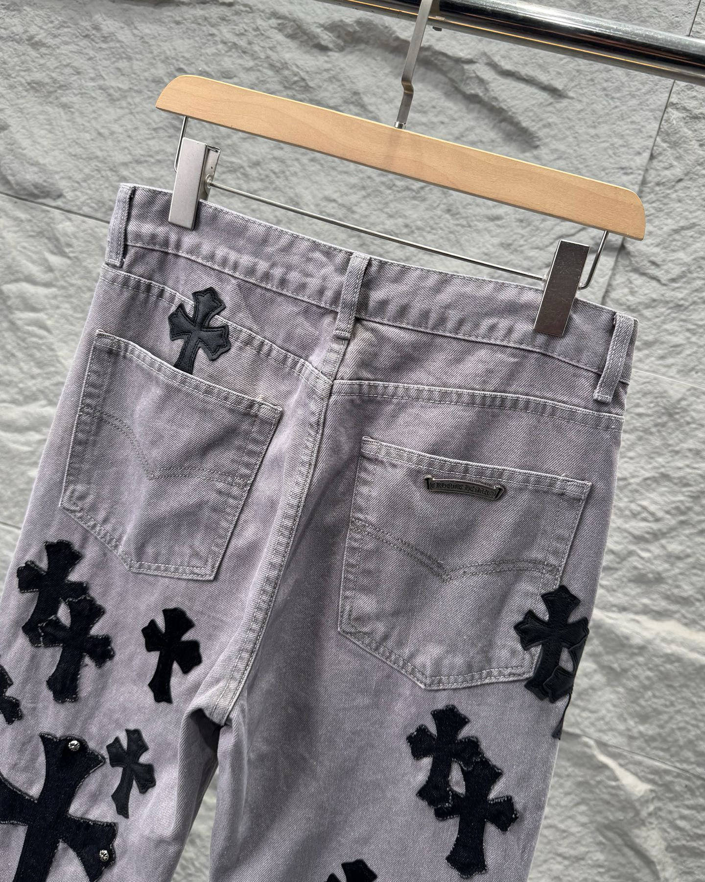 Chrome Hearts Paris Limited Edition Grey Heavy Leather Patch Denim Jeans KH25