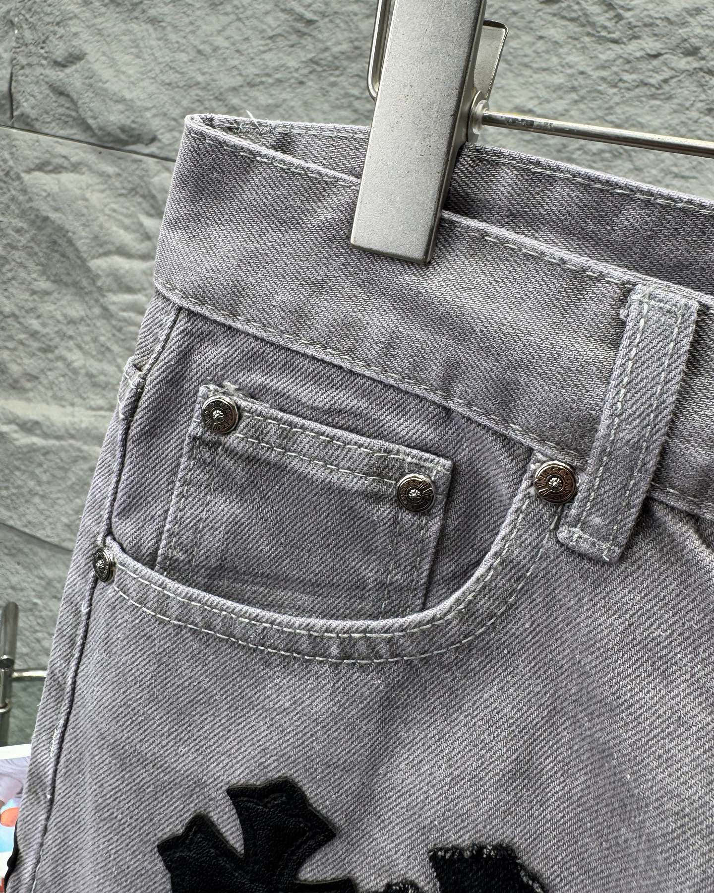 Chrome Hearts Paris Limited Edition Grey Heavy Leather Patch Denim Jeans KH25