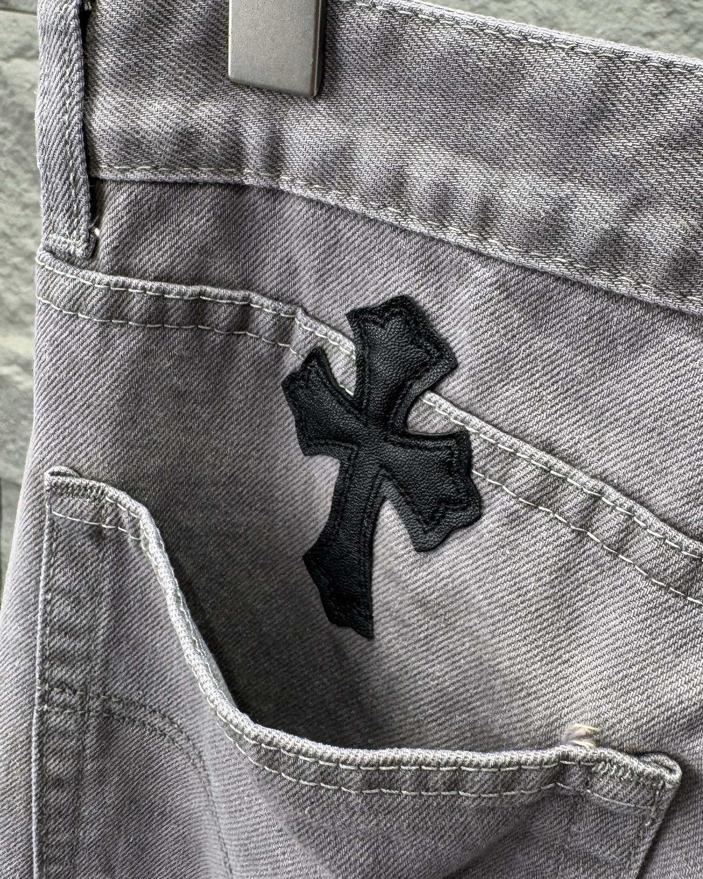 Chrome Hearts Paris Limited Edition Grey Heavy Leather Patch Denim Jeans KH25