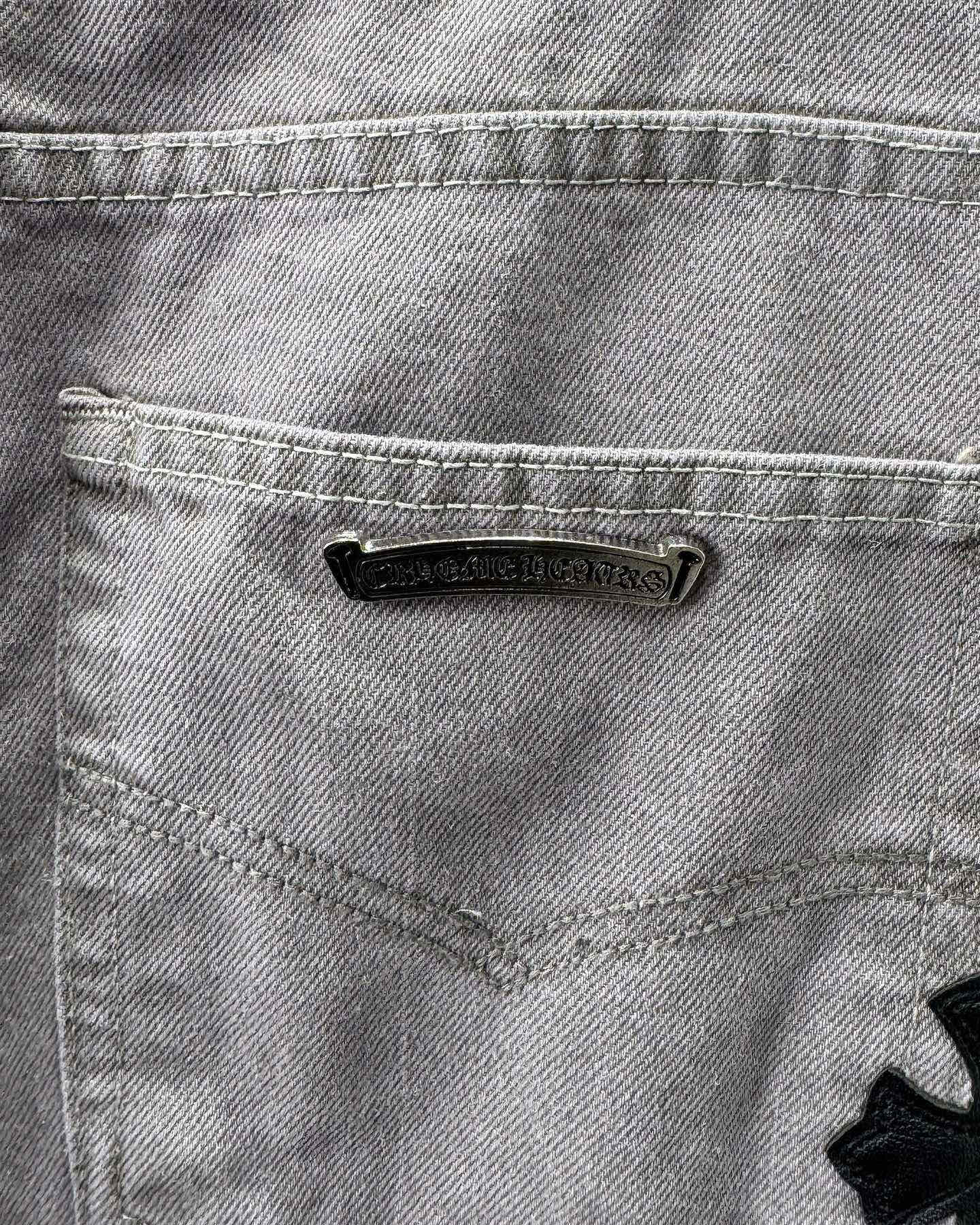 Chrome Hearts Paris Limited Edition Grey Heavy Leather Patch Denim Jeans KH25