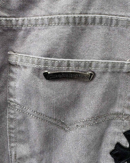 Chrome Hearts Paris Limited Edition Grey Heavy Leather Patch Denim Jeans KH25