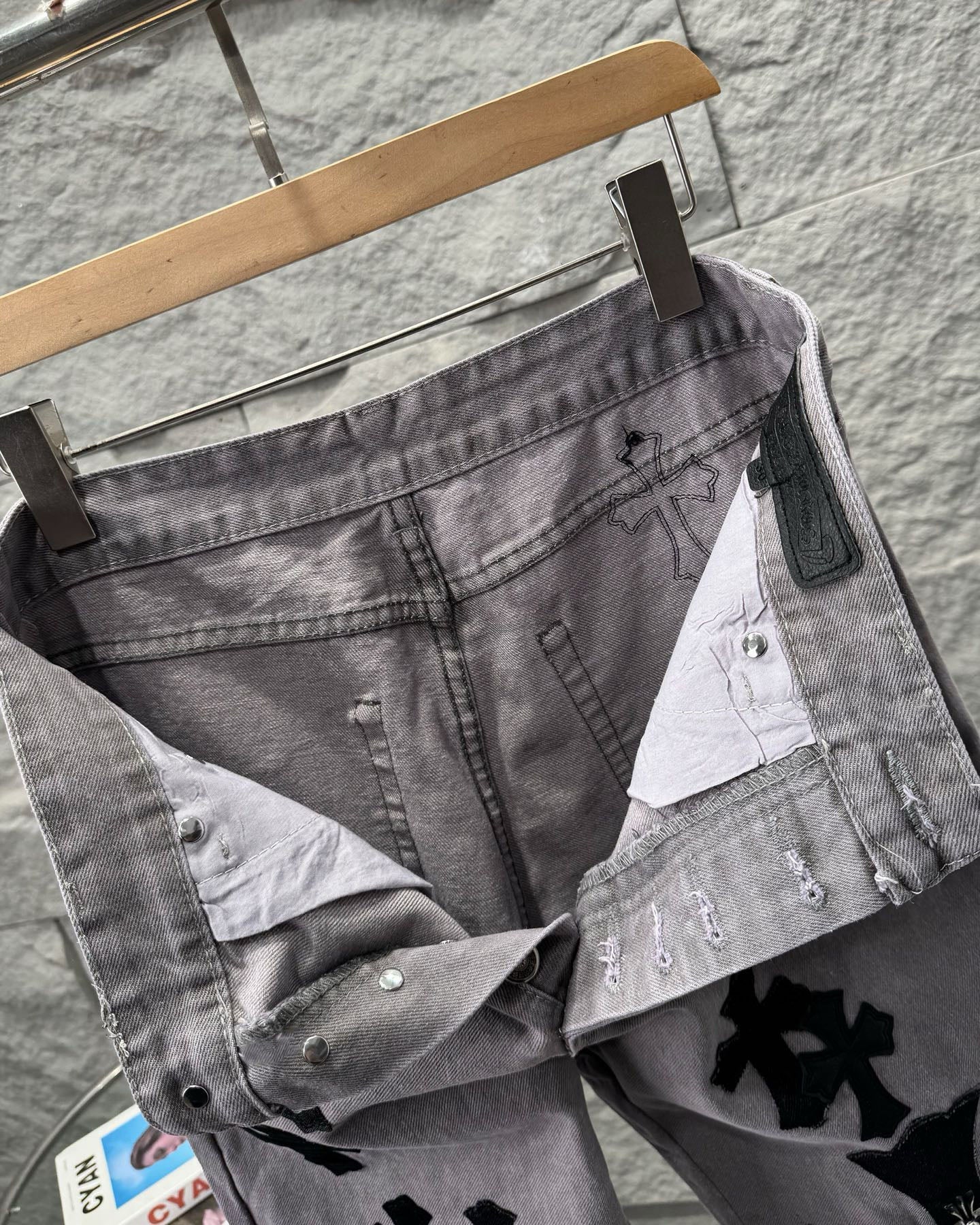 Chrome Hearts Paris Limited Edition Grey Heavy Leather Patch Denim Jeans KH25