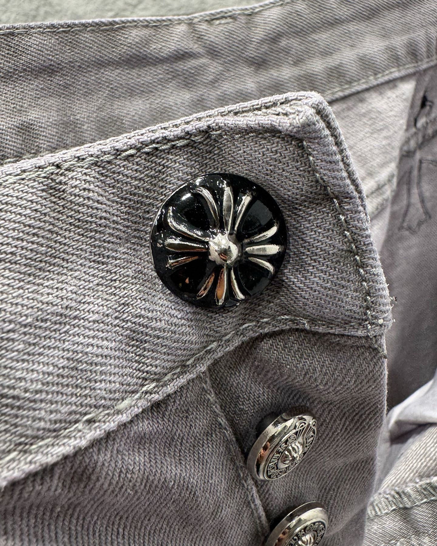 Chrome Hearts Paris Limited Edition Grey Heavy Leather Patch Denim Jeans KH25