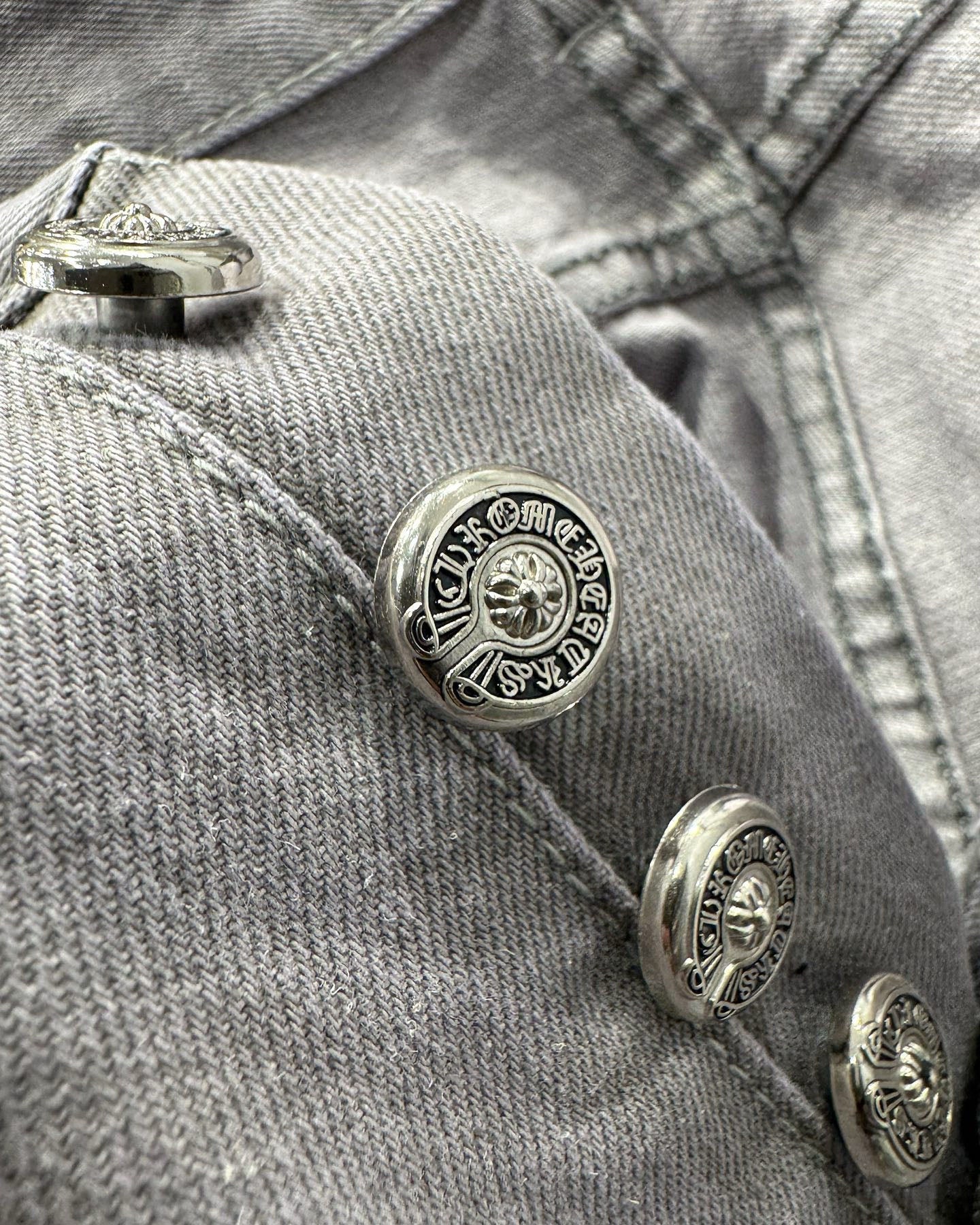 Chrome Hearts Paris Limited Edition Grey Heavy Leather Patch Denim Jeans KH25