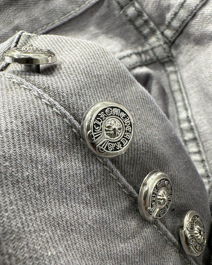 Chrome Hearts Paris Limited Edition Grey Heavy Leather Patch Denim Jeans KH25