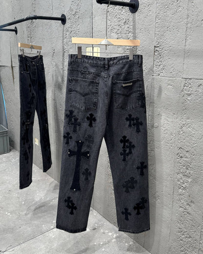 Chrome Hearts Black Metal Leather Patch Cross Denim Jeans KH24