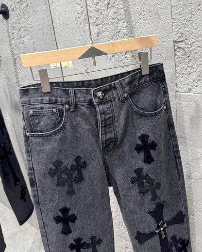 Chrome Hearts Black Metal Leather Patch Cross Denim Jeans KH24