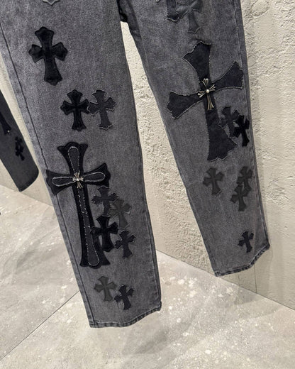 Chrome Hearts Black Metal Leather Patch Cross Denim Jeans KH24