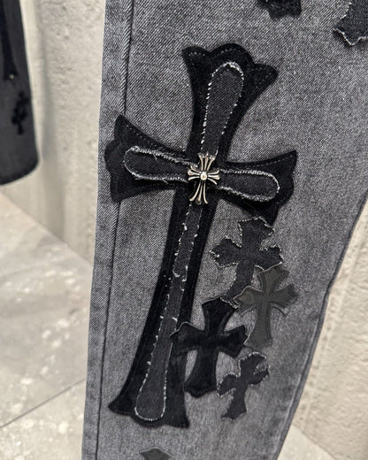 Chrome Hearts Black Metal Leather Patch Cross Denim Jeans KH24