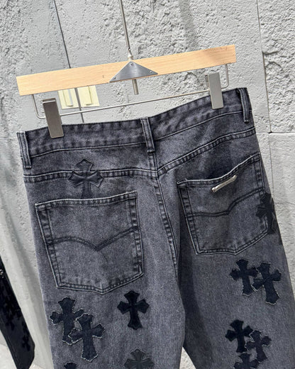 Chrome Hearts Black Metal Leather Patch Cross Denim Jeans KH24