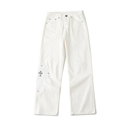 Chrome Hearts Cross Leather Patch White Denim Jeans KB21