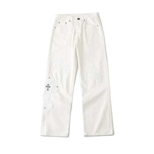 Chrome Hearts Cross Leather Patch White Denim Jeans KB21