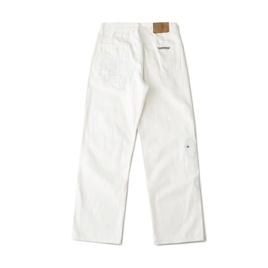 Chrome Hearts Cross Leather Patch White Denim Jeans KB21
