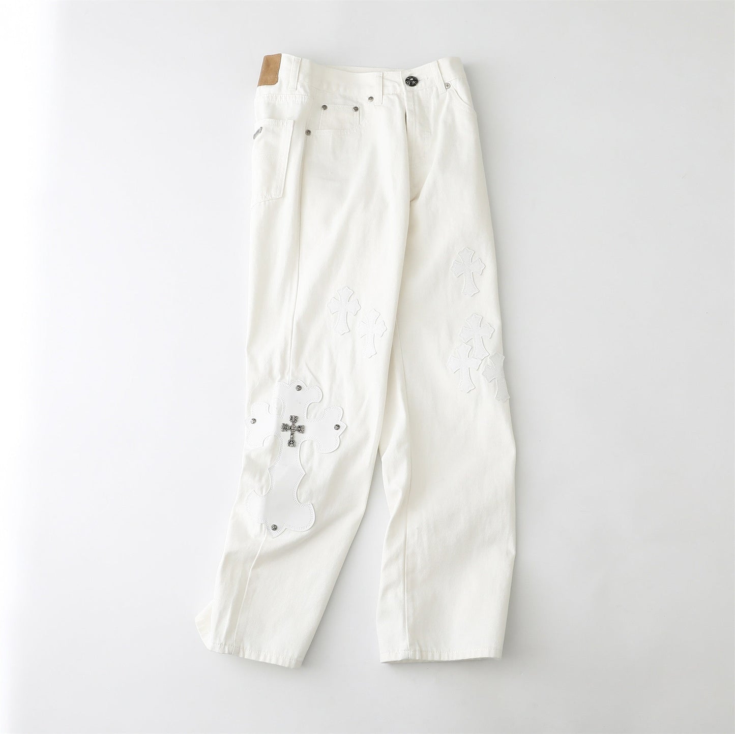 Chrome Hearts Cross Leather Patch White Denim Jeans KB21
