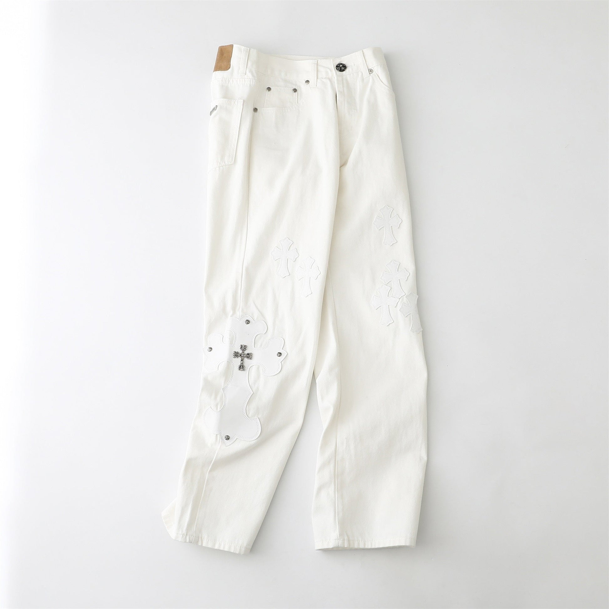 Chrome Hearts Cross Leather Patch White Denim Jeans KB21
