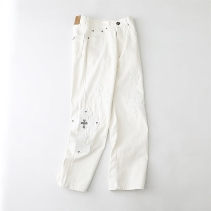 Chrome Hearts Cross Leather Patch White Denim Jeans KB21